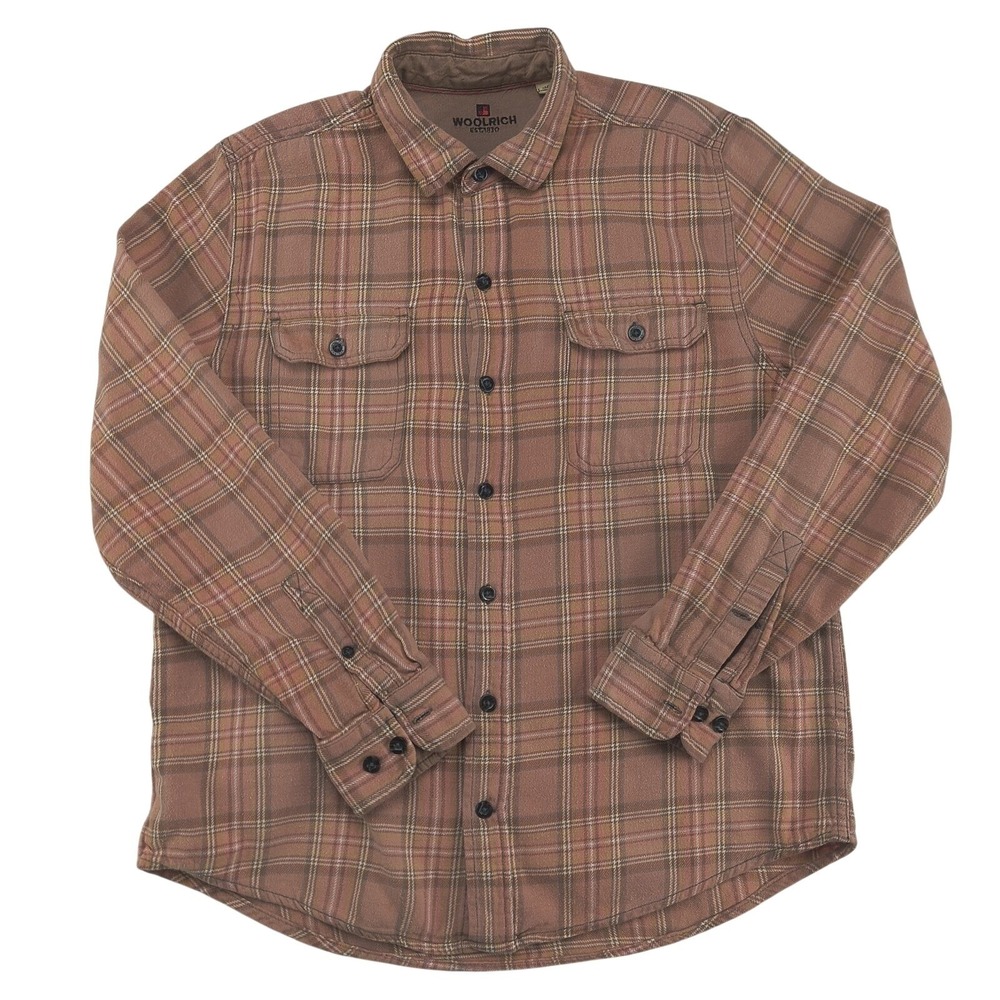 Woolrich Mens Medium Plaid Flannel Button Up Shirt Brown Pink Long Sleeve Casual